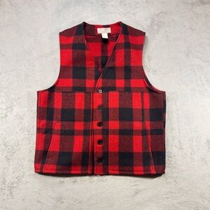 Filson Mackinaw Cruiser 100%Wool Vest Mens44 Red Black Buffalo Plaid Made In USA